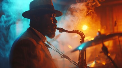 A man in a hat is playing a saxophone in a smoky room. The atmosphere is dark and mysterious - obrazy, fototapety, plakaty