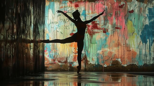 A woman is dancing in a studio with a colorful wall behind her. The wall is covered in paint splatters, giving the room a creative and artistic vibe. The woman is wearing a black outfit