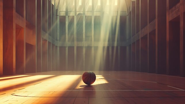 a visually stunning AI-generated image of a basketball ball on the floor of a sport arena, with the gym bathed in sunlight, creating a captivating interplay of shadows and brightness attractive look