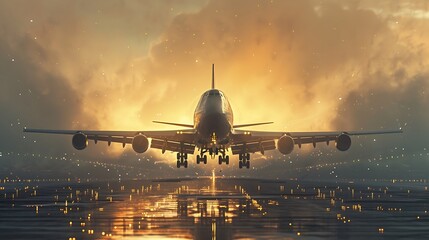 a visually stunning AI illustration of an airplane gracefully landing on an airport runway, with...