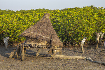 Ancient granary with a roof of dry grass on an island among mangrove trees, Joal-Fadiouth, Senegal