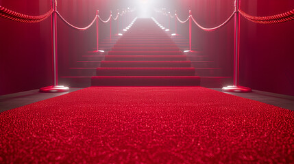 Red carpet and velvet ropes on gala night background, Red Carpet Festival Glamour Scene, Red carpet and rope barrier, Long red carpet between rope barriers on entrance., Generative Ai
