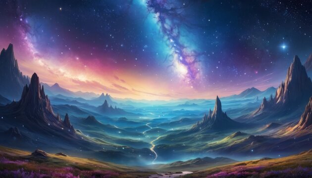 A breathtaking fantasy landscape where a mystical valley is awash with glowing rivers under a vibrant celestial sky filled with stars and nebulae. AI Generation