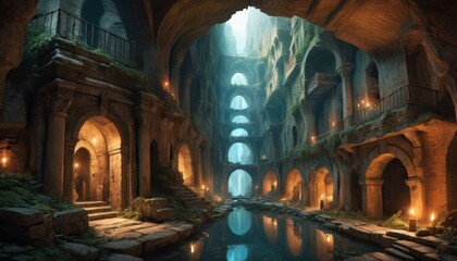 Serene ancient ruins, with arches and columns standing over still water, illuminated by ethereal light and scattered candles, evoke a sense of forgotten history and myth.. AI Generation - obrazy, fototapety, plakaty
