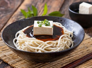 Japanese pasta with tofu and soy sauce dish closeup isolated