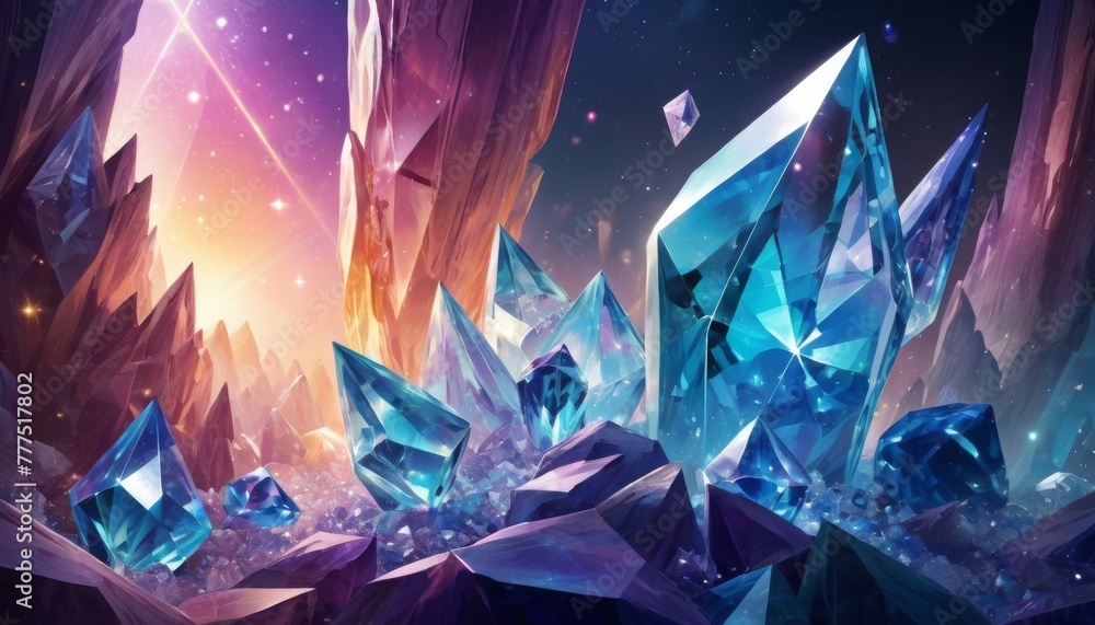 Poster an artistic rendition of a mystical landscape, highlighted by luminescent crystals rising from the g