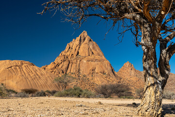 Berg Spitzkomme in Namibia bei Sonnenuntergang, orangefarbener Sandstein - obrazy, fototapety, plakaty