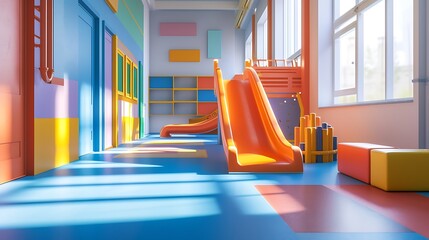 an engaging AI image of a dynamic children's play area, highlighting a modern indoor slide in a...