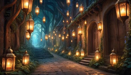 Naklejka premium A magical twilight scene in an enchanted forest with illuminated lanterns hanging from twisted trees along a cobblestone path leading to mysterious doorways.. AI Generation