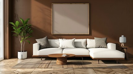 Fototapeta na wymiar a visually stunning AI image wall for a contemporary living room, with a brown background, mockup frame, and a solo sofa attractive look