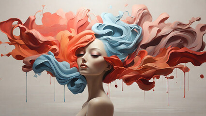 Surreal 3D illustration of a beautiful girl with bright hair and creative makeup