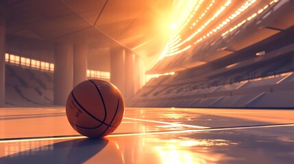 an evocative digital artwork featuring a basketball ball resting on the floor of a dynamic sports arena, illuminated by the soft and warm sunlight streaming into the stadium attractive look - Powered by Adobe