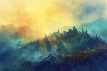 Fototapeta premium A painting of a mountain, trees in foreground, stars and clouds in background