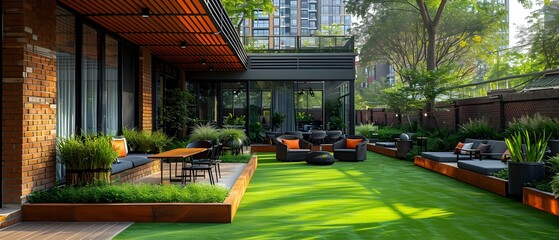 Synthetic Grass Tables, Seating, and Plants on Outdoor Terrace with Retractable Awning. Concept Outdoor Terrace, Synthetic Grass Tables, Seating, Artificial Plants, Retractable Awning - obrazy, fototapety, plakaty