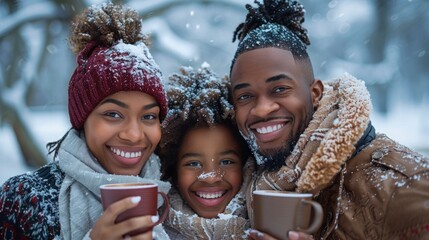 Family Enjoying Hot Drinks in Snow