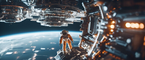 Cinematic shot of futuristic space explorers in an alien environment, many people wearing spacesuits and exoskeletons on the deck inside their spaceship