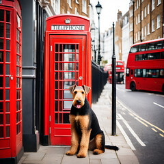 Airedale Terrier dog attentively sitting in a classic red telephone booth amidst a bustling city street with double-decker buses and black cabs