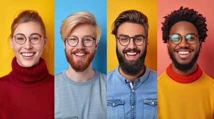 Multiethnic young people wearing casual clothes having fun on colorful studio backgrounds