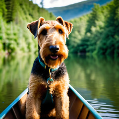 Airedale Terrier dog attentively sitting in a canoe on a tranquil lake surrounded by dense green...
