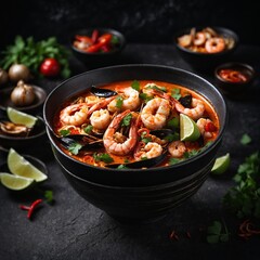 Tom Yum kung Spicy Thai soup with shrimp in a black bowl on a dark stone background, top view, copy space