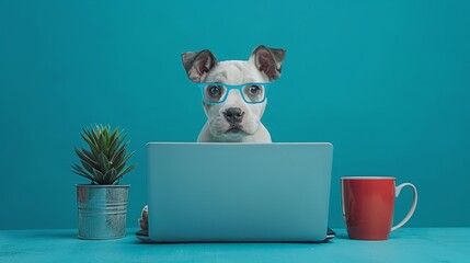 Funny mascot with googles in front of a digital device. Puppy dog wearing blue rim glasses in front of a laptop.