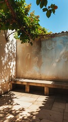 Sunlit terrace near the house, shadows on the wall from trees