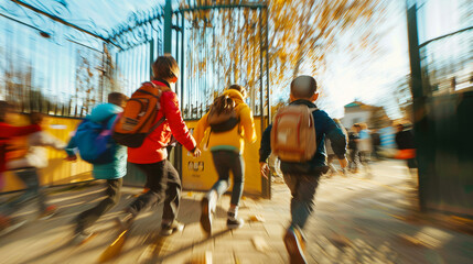 Children with backpacks running joyfully towards school on a sunny day - obrazy, fototapety, plakaty