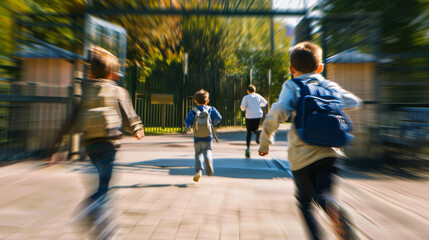 Children with backpacks running joyfully towards school on a sunny day - obrazy, fototapety, plakaty