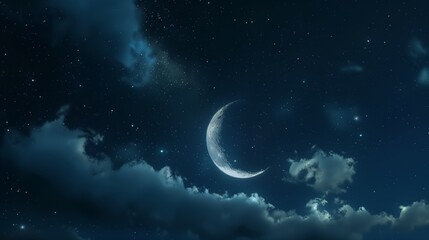 Serenity of a Starry Night Sky with Crescent Moon