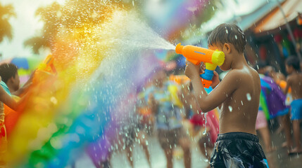Child Playing with Water Gun at Summer Party