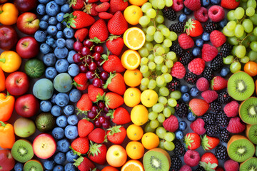 Fototapeta na wymiar Artistic Arrangement of Colorful Fruits and Vegetables in a Rainbow Pattern