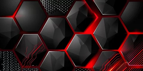 Fotobehang Abstract black red grey metallic carbon neutral overlap red light hexagon © Hazrat