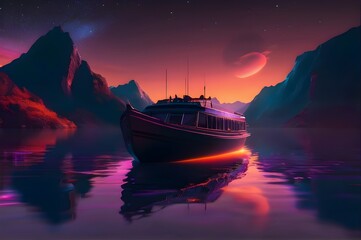 Old wooden boat on lake, beautiful evening sky and mountains. - obrazy, fototapety, plakaty