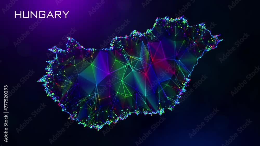 Poster futuristic motion reveal hungary map polygonal blue purple colorful connected lines and dots network