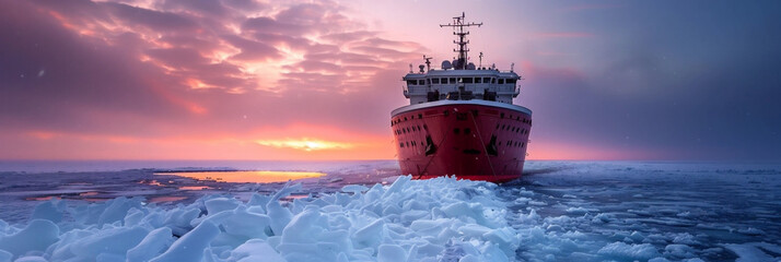 icebreaker ship at sunset - obrazy, fototapety, plakaty