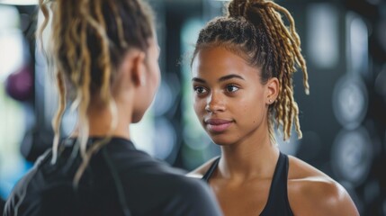 Obraz premium fitness, sport, exercising and diet concept - smiling young woman and personal trainer with clipboard writing exercise plan in gym