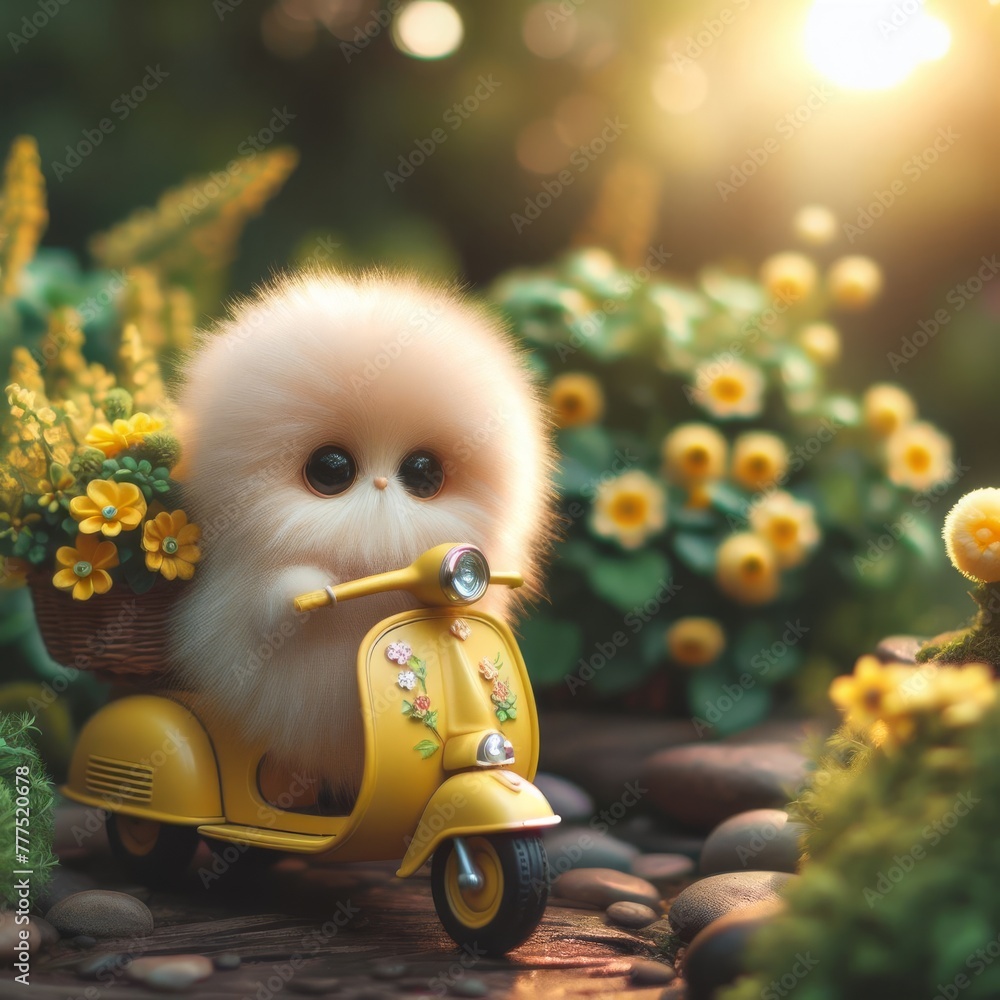 Poster this cute fluffy creature is perched on a scooter, traversing a path lined with golden flowers under