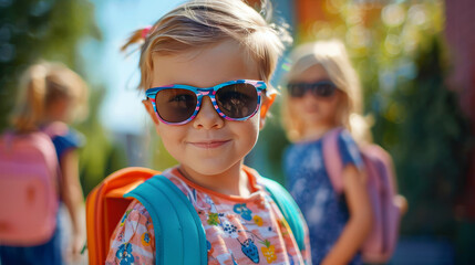 Smiling child with sunglasses and backpack ready for school, with peers in background