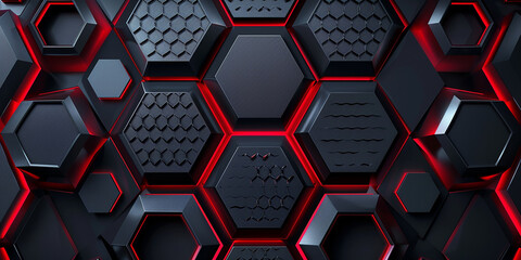 Abstract black red grey metallic carbon neutral overlap red light hexagon - obrazy, fototapety, plakaty