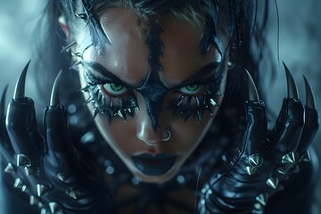 Captivating Close-up of a Dark and Alluring Vampire Woman Adorned with Lethal Claws,Fangs,and Studded Latex - obrazy, fototapety, plakaty