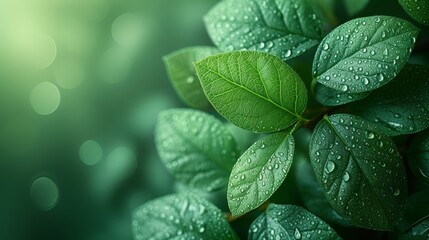   A tight shot of a verdant leaf dotted with water droplets, surrounded by a hazy backdrop of similar leaves and their own pearly beads of water - obrazy, fototapety, plakaty