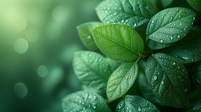   A tight shot of a verdant leaf dotted with water droplets, surrounded by a hazy backdrop of similar leaves and their own pearly beads of water