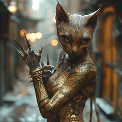 Enigmatic Feline Mutant in Intricate Golden Bodysuit Stands in Dimly Lit Fashion Photography with Moody Atmosphere and Shallow Depth of Field