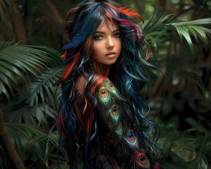 Ethereal Avian-Inspired Female Portrait Amid Lush Jungle Foliage with Vibrant,Brushstroke-Styled Plumage and Body Art