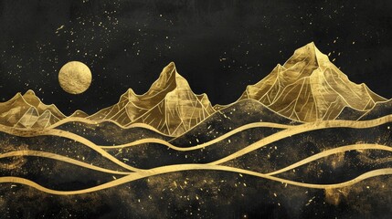 Luxury wallpaper design with gold foil shiny sketch of mountain landscape. Modern illustration of golden mountains art deco isolated on black background. - obrazy, fototapety, plakaty