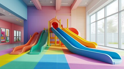 an eye-catching AI-generated image of a modern indoor children's playground, emphasizing a colorful...
