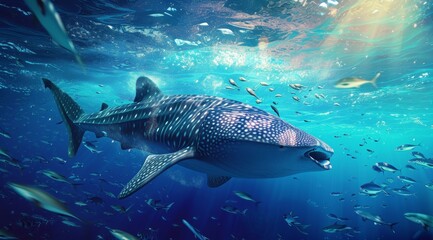   A large whale swimming in the ocean, surrounded by numerous small fish near its neck and open mouth - obrazy, fototapety, plakaty