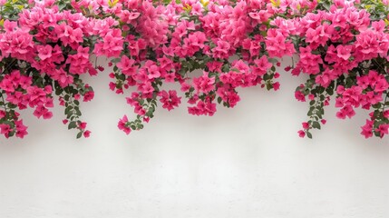the pink flowering bush overhang from the wall with copy space.