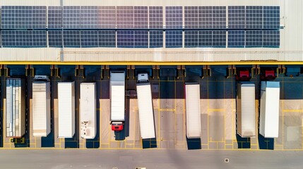 Aerial view of a distribution center with solar panels and loading docks