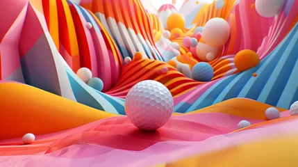 Wandcirkels aluminium Golf Ball Soaring Through a Vibrant,Surreal Landscape of Abstract Shapes and Captivating Colors © vanilnilnilla